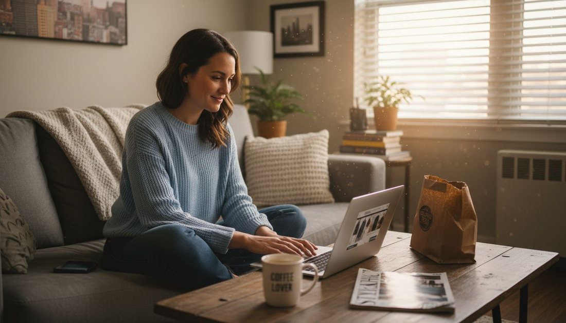 Woman browsing online apparel store at home