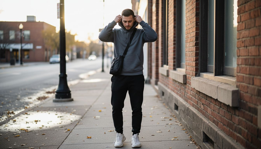 Young man styling winter hoodie on sidewalk