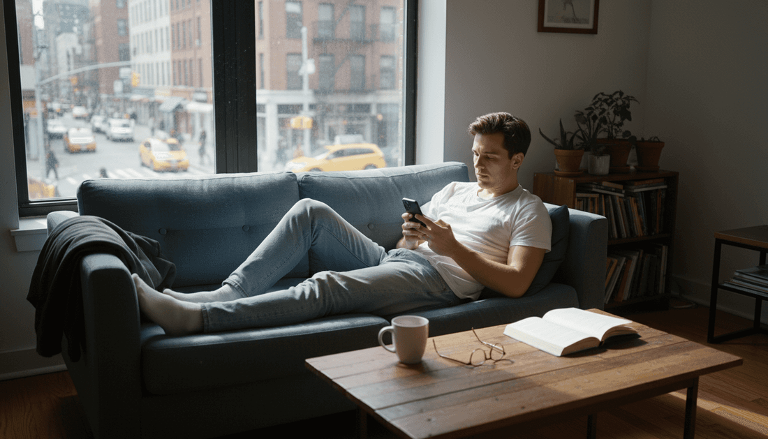 Man relaxing in T-shirt on city apartment sofa