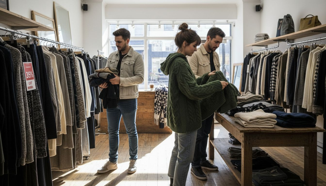 Young adults exploring winter clothing bundles in store