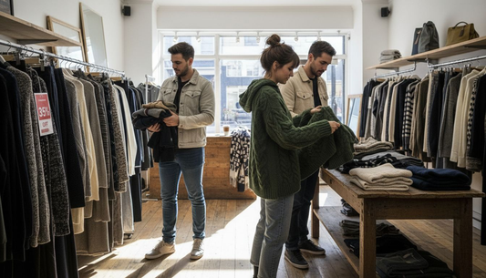 Young adults exploring winter clothing bundles in store