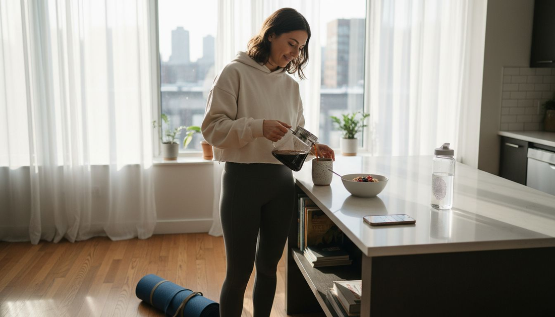 Woman in athleisure outfit during morning routine
