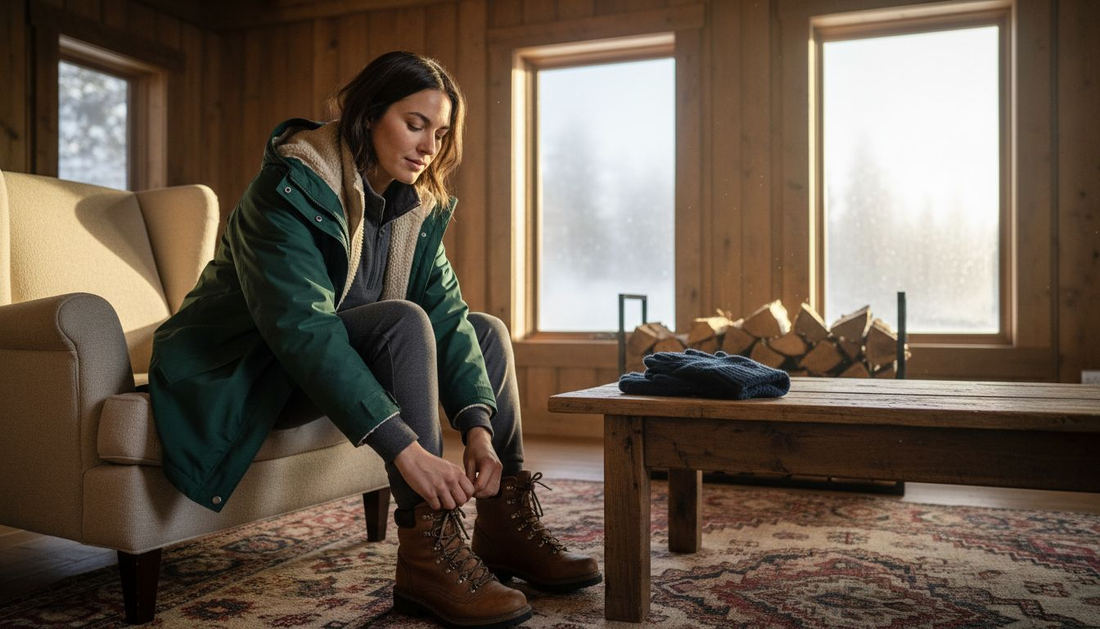 Woman layering winter clothing in cabin setting