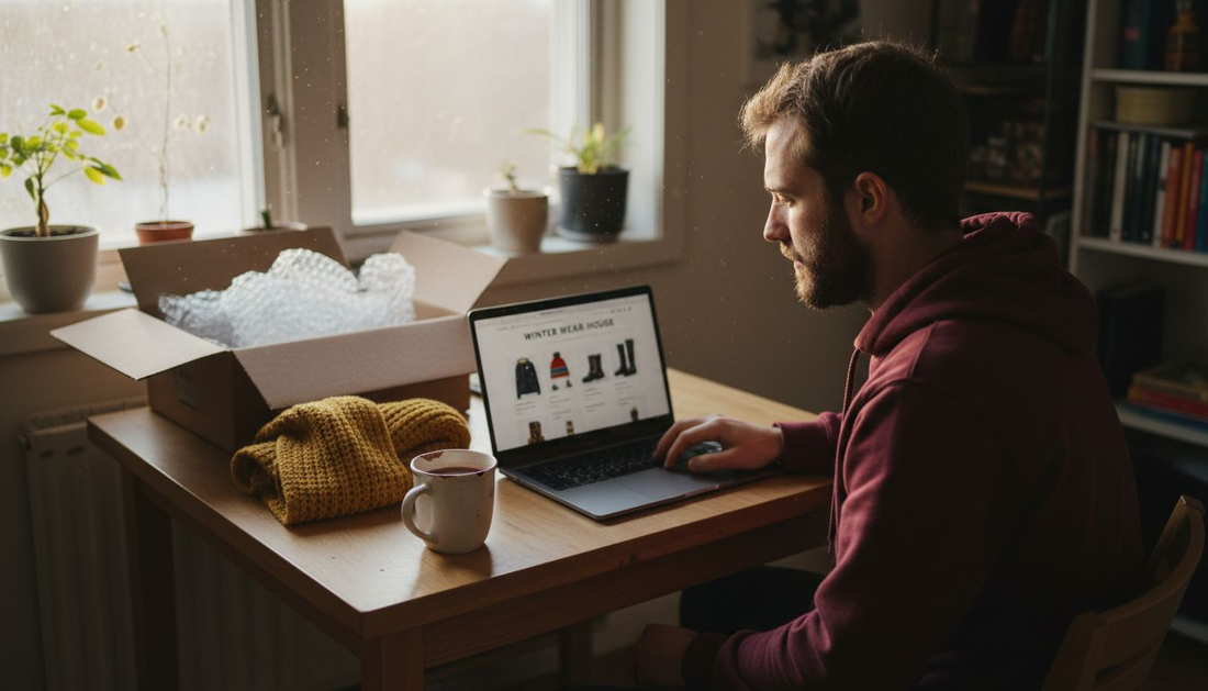 Young man shops online for winter clothing