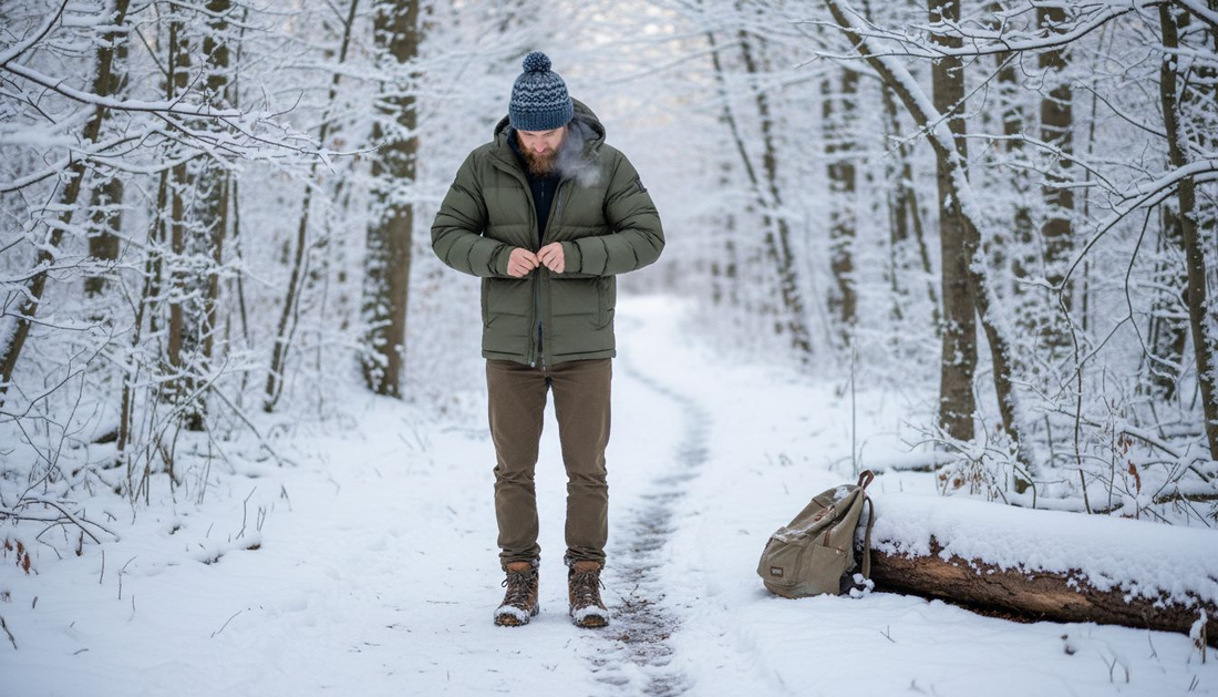 Man layering up in winter forest