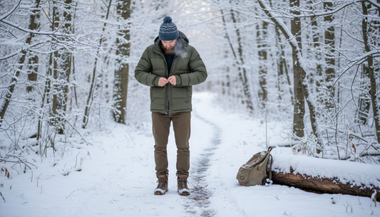 Man layering up in winter forest