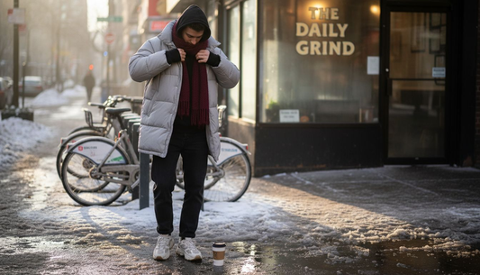 Man wearing 2026 winter casual layers outside café