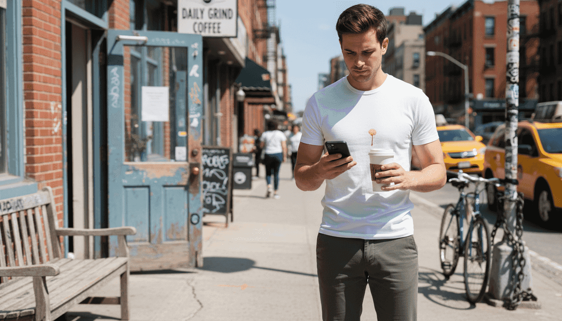 Man styling white t-shirt on city street
