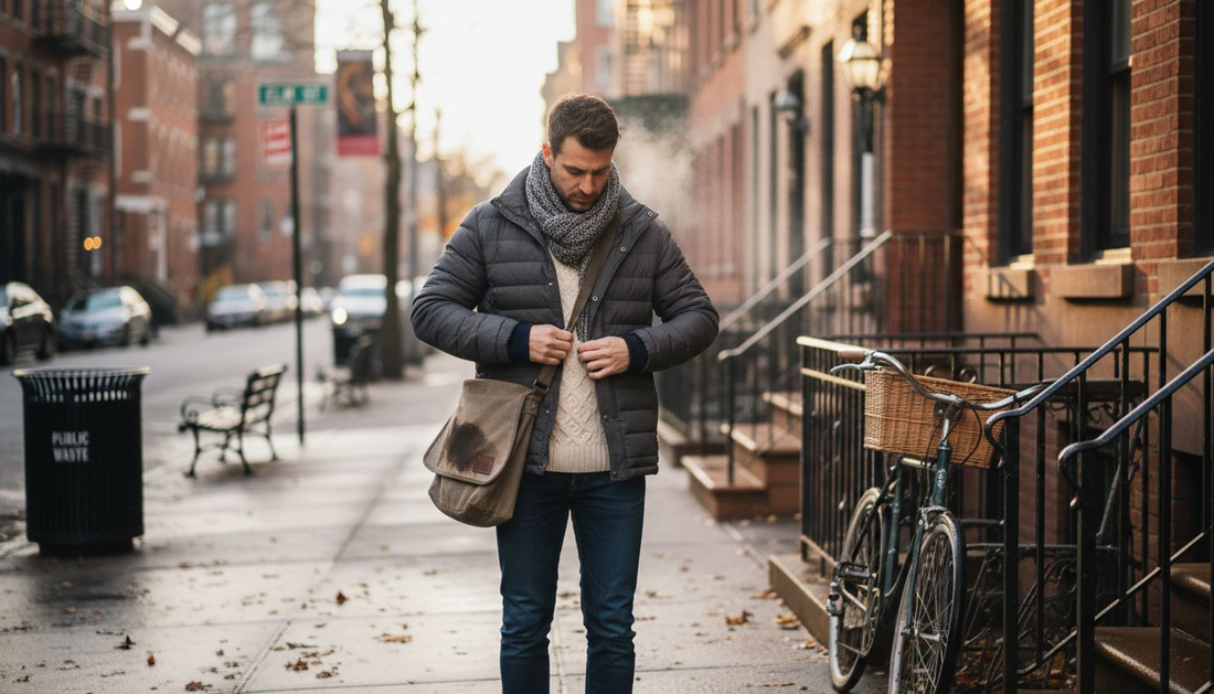 Man layering clothing on winter city street