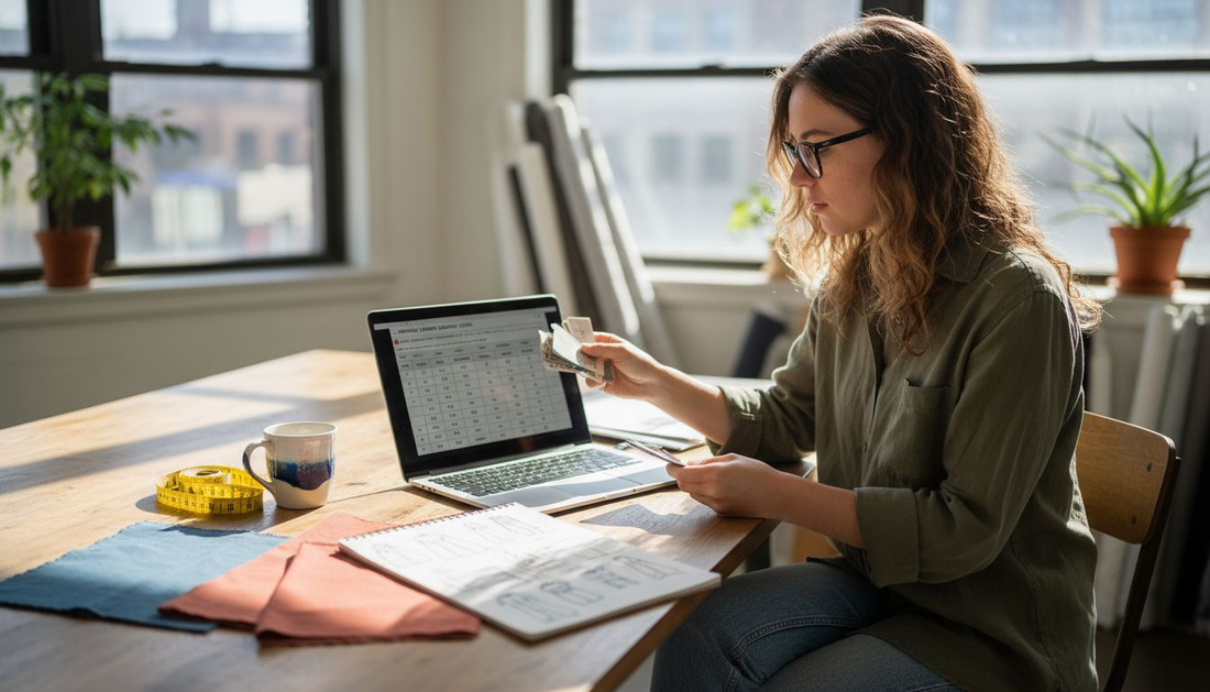 Designer reviewing apparel sizing chart in office