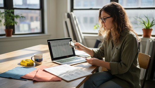 Designer reviewing apparel sizing chart in office