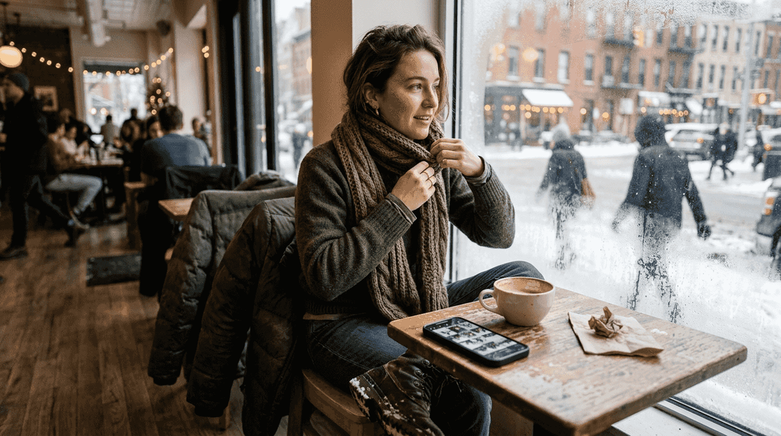Woman adjusting scarf in layered winter clothes