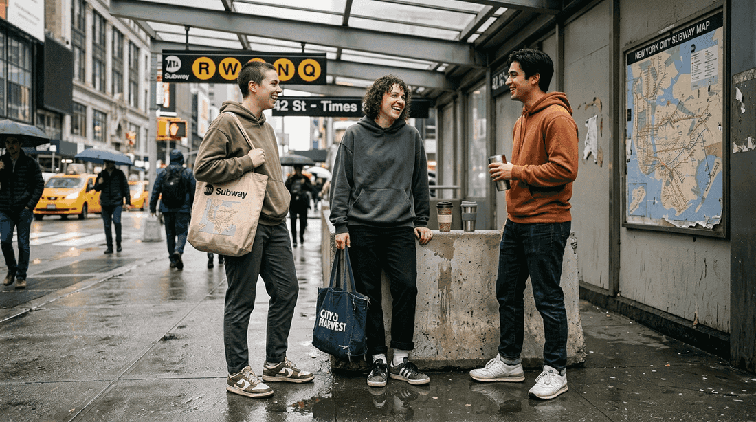 Young adults wearing gender-neutral fashion near subway