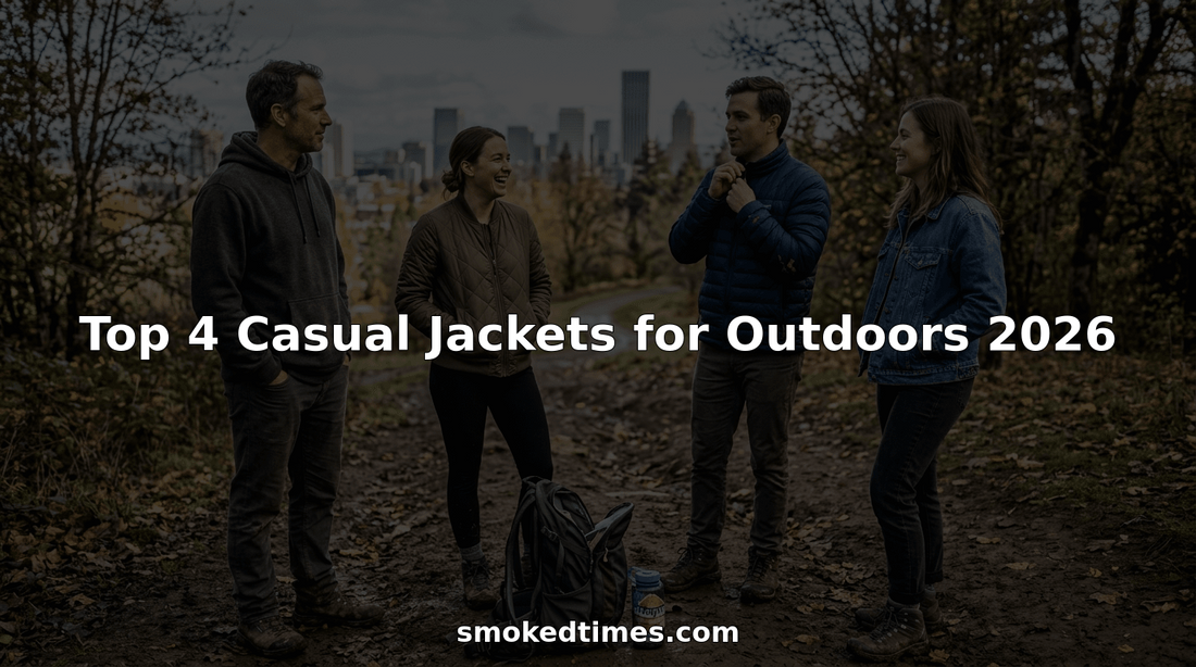 Four people in casual jackets on city park trail