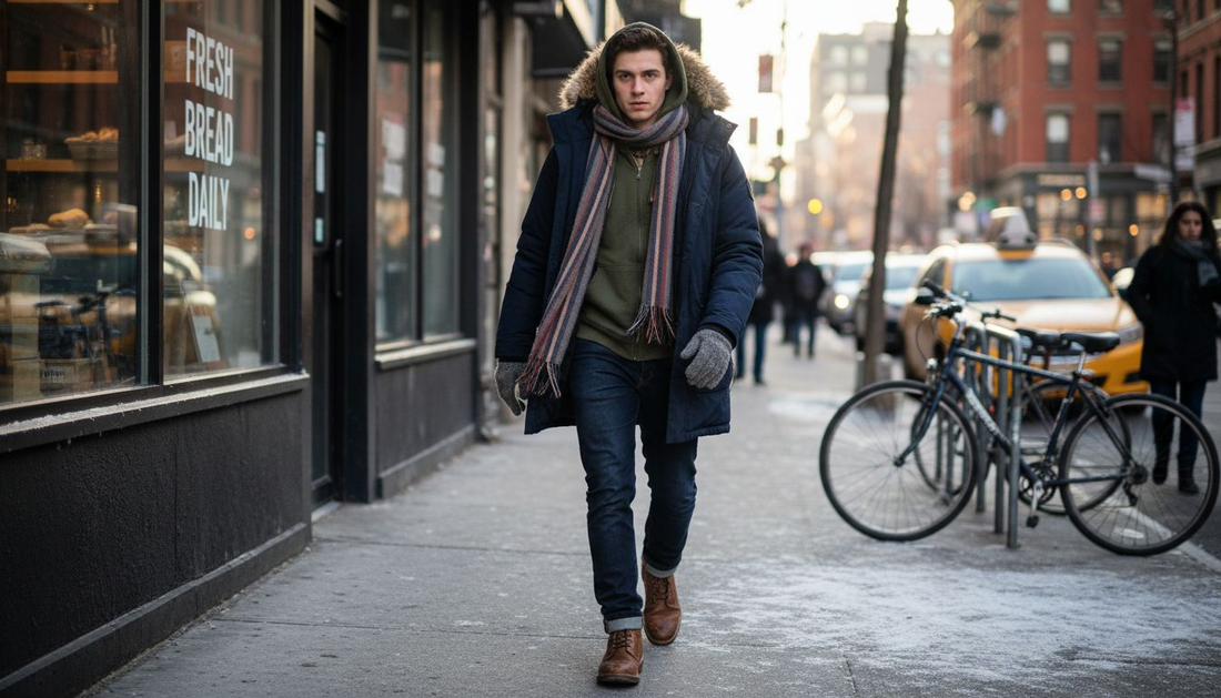 Layered winter outfits on city sidewalk