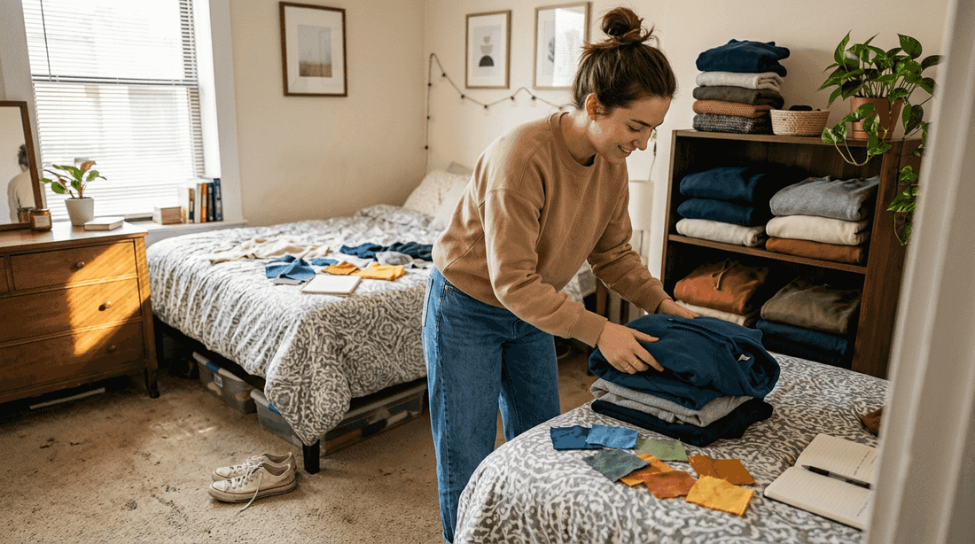 Woman organizes casual wardrobe in apartment