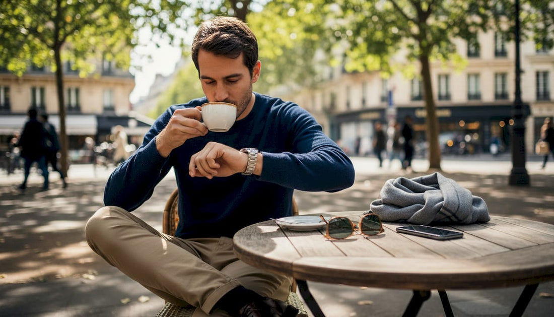Man wearing watch at sidewalk café table