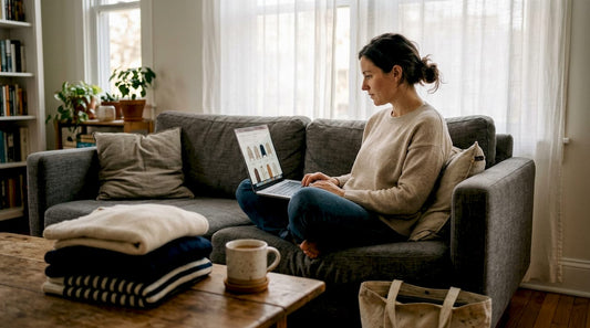 Woman shopping for clothing online at home