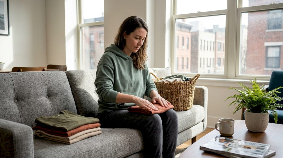 Woman folding minimalist seasonal clothes