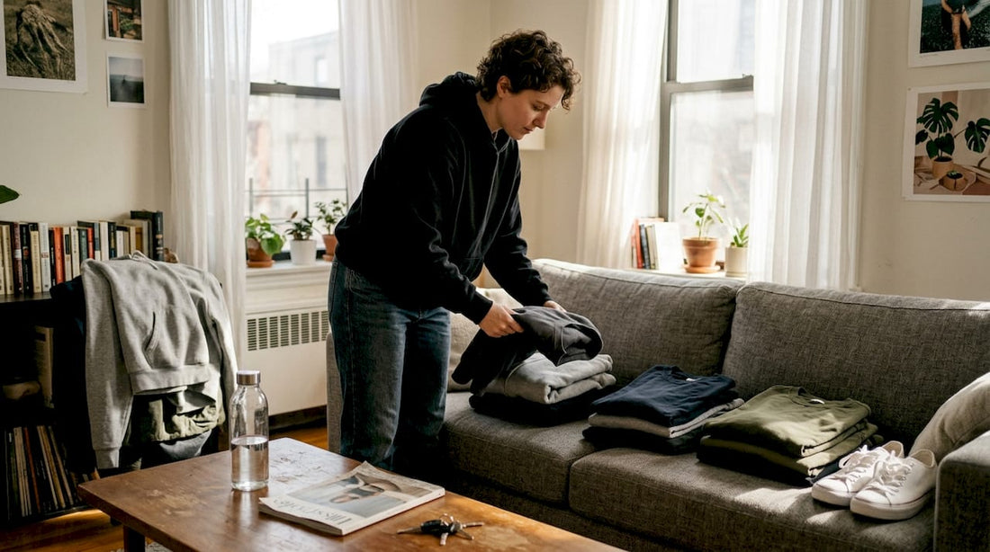 Organizing hoodie wardrobe in living room