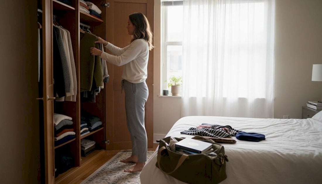Woman selecting winter clothes in apartment