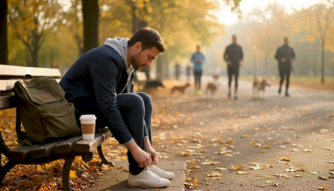 Man in hoodie tying shoes on park bench