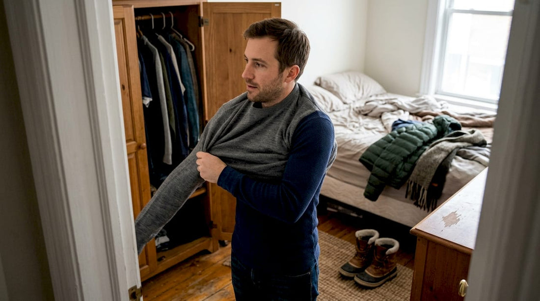 Man layering winter casual clothes in apartment