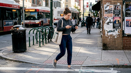 Woman in athleisure on busy city street