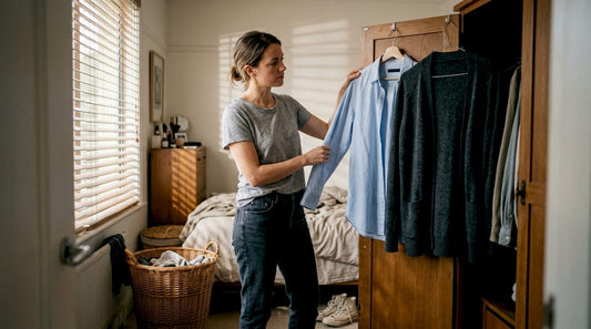Woman comparing cotton and wool shirts in closet
