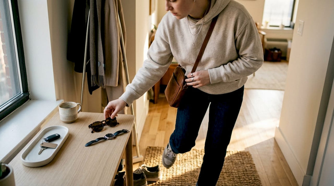 Minimalist accessories unpacked in city apartment
