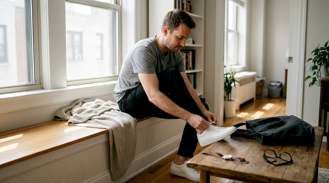 Man choosing minimalist accessories in bright apartment