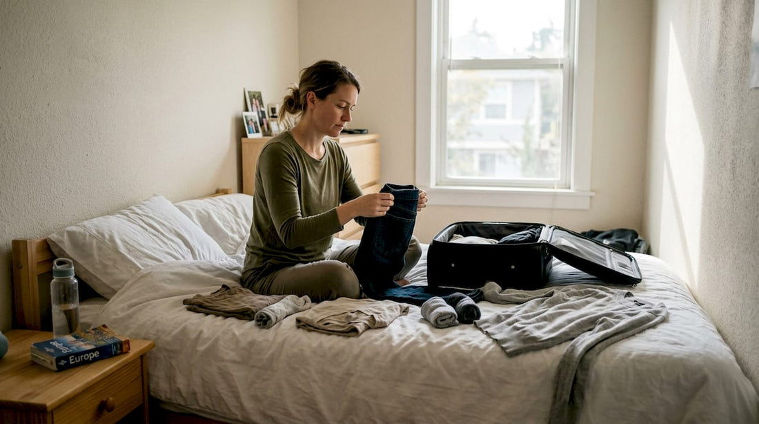 Woman sorting travel clothes on bed