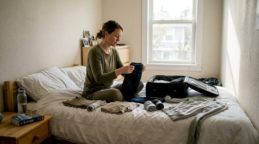 Woman sorting travel clothes on bed
