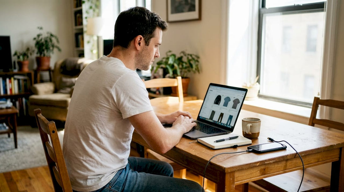 Man shopping for clothes online at home