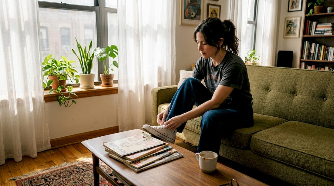 Woman getting ready in retro-inspired apartment