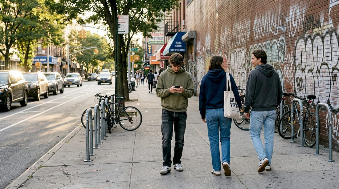 Urban fashion street scene with young adults