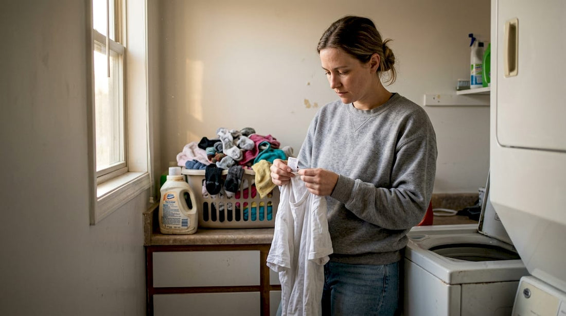 Woman reading clothing care label in laundry room