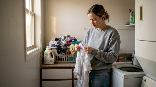 Woman reading clothing care label in laundry room