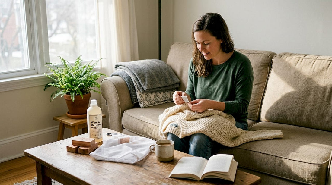 Woman preparing winter garment care supplies