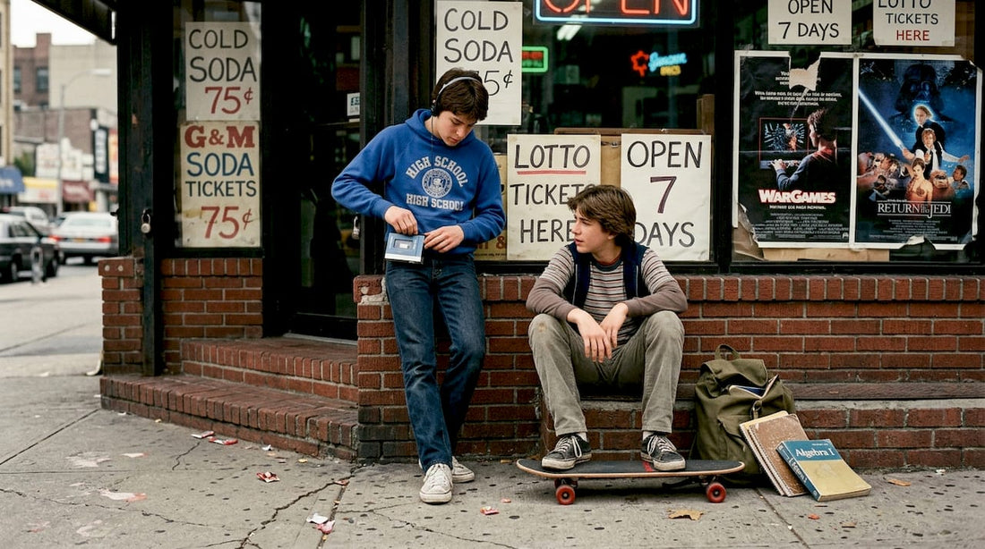 1980s teens in authentic streetwear outside shop