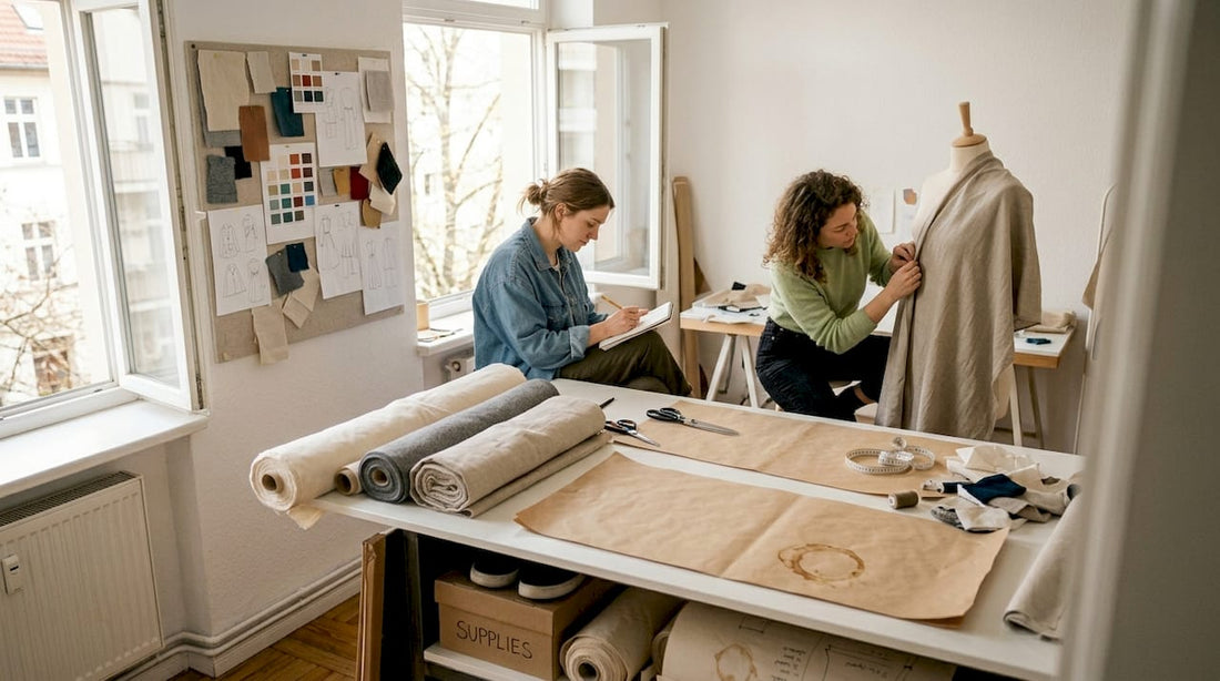Designers collaborating in fashion studio