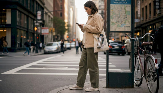 Woman in urban outdoor outfit at city crosswalk