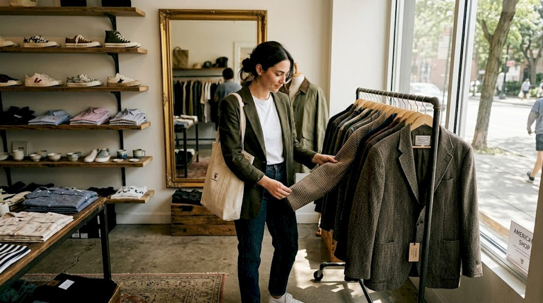 Woman browsing rare jackets in fashion boutique