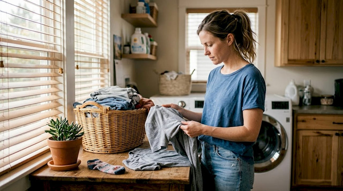 Woman examining fabrics in bright laundry room