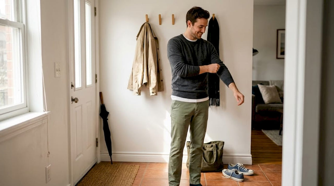 Man layering minimalist clothing by apartment door