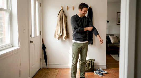 Man layering minimalist clothing by apartment door
