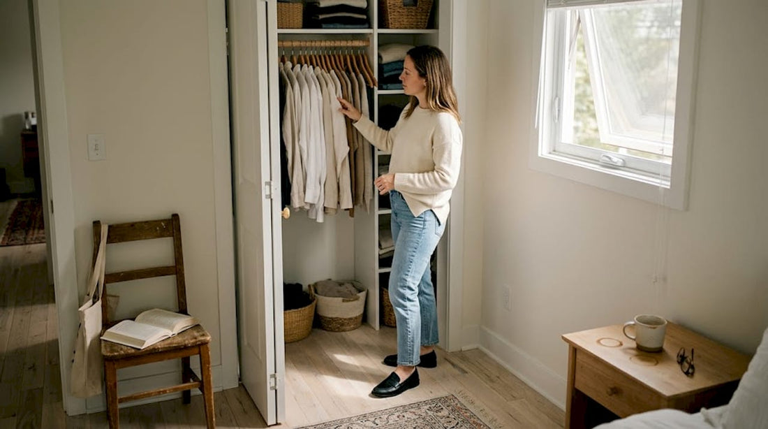 Woman choosing minimalist clothing in home closet