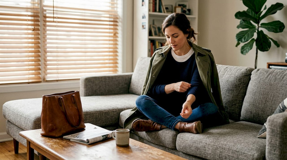 Woman adjusting layered outfit at home