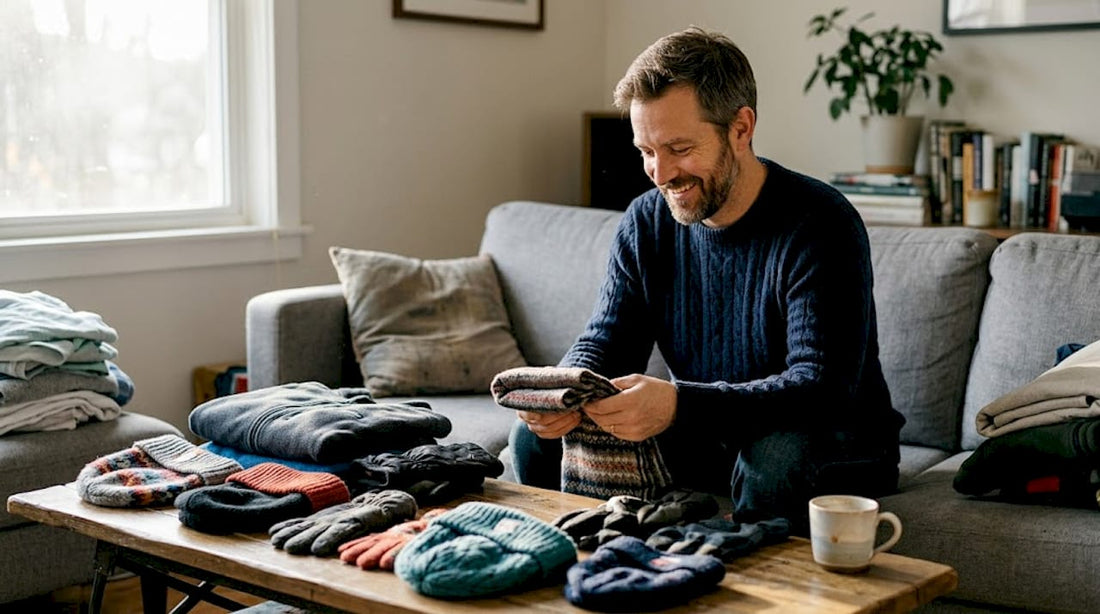 Man choosing winter clothes in living room