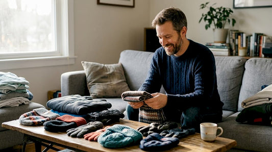 Man choosing winter clothes in living room